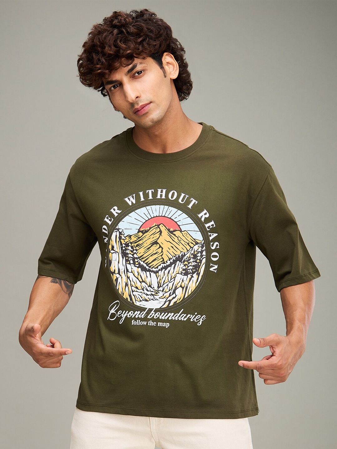 

The Roadster Lifestyle Co Printed Round Neck Oversized T-shirt, Olive