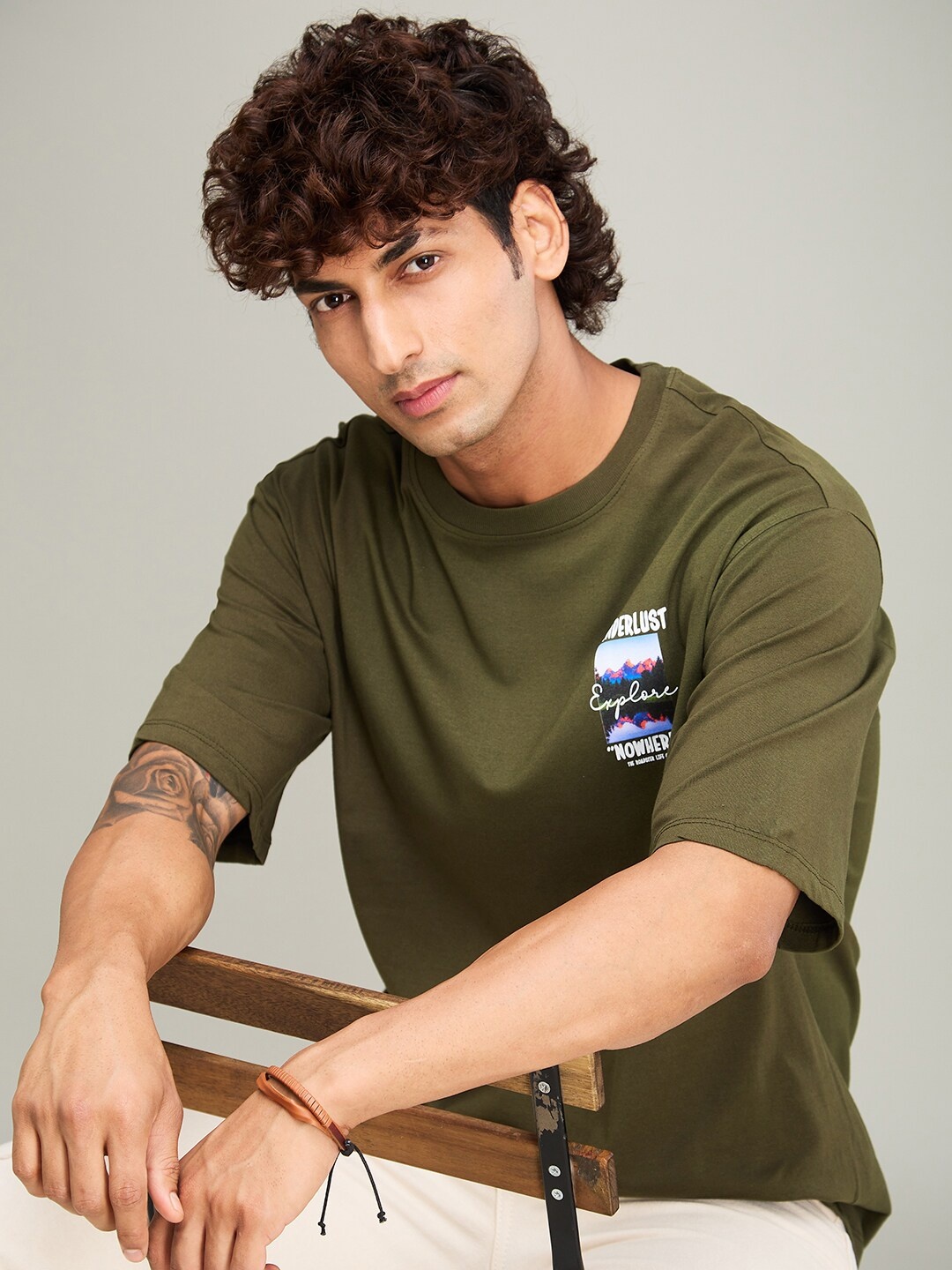 

The Roadster Lifestyle Co Printed Round Neck Oversized T-shirt, Olive