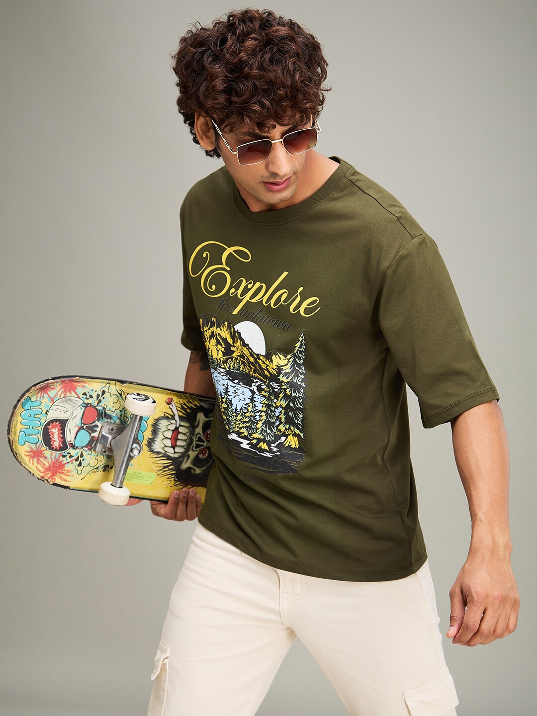 

The Roadster Lifestyle Co Olive Green Printed Cotton Oversized Tshirt
