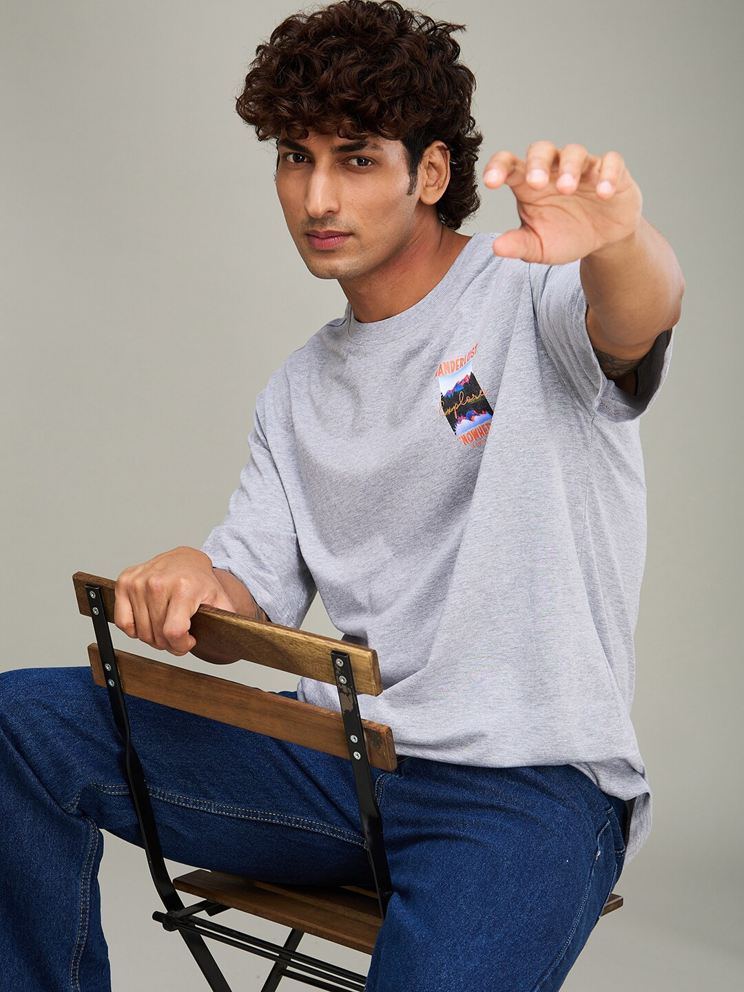 

The Roadster Lifestyle Co Grey Printed Cotton Oversized Tshirt, Grey melange