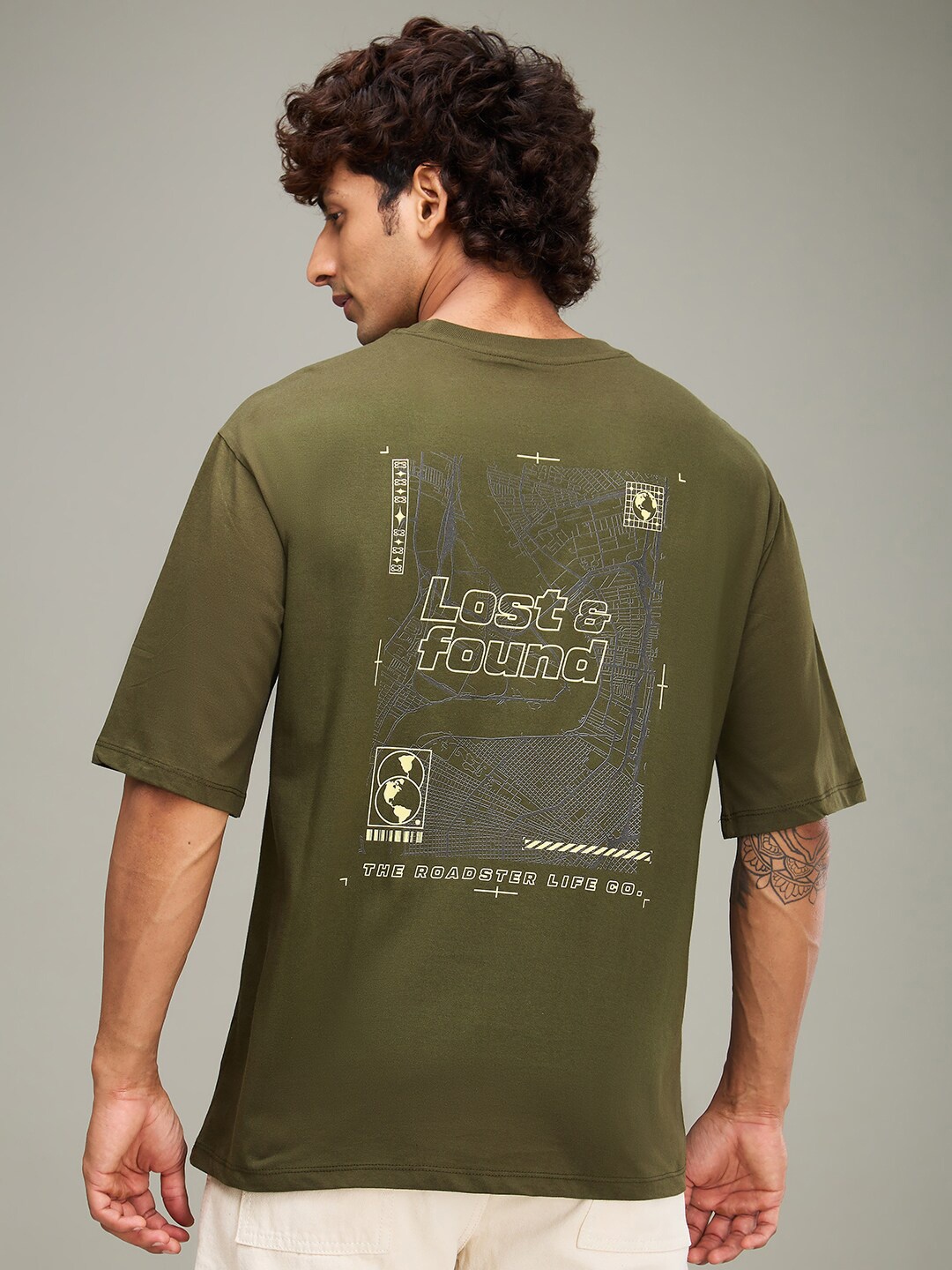 

The Roadster Lifestyle Co Olive Green Printed Cotton Oversized Tshirt
