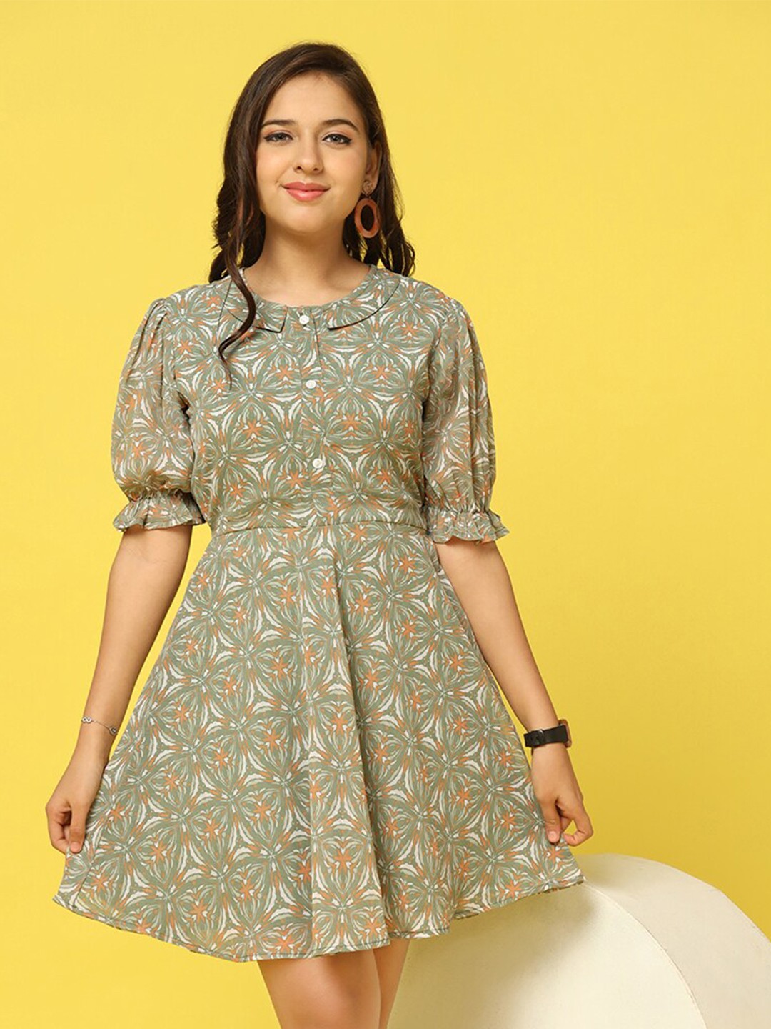 

BAESD Girls Floral Printed Round Neck Flared Fit & Flare Dress, Green