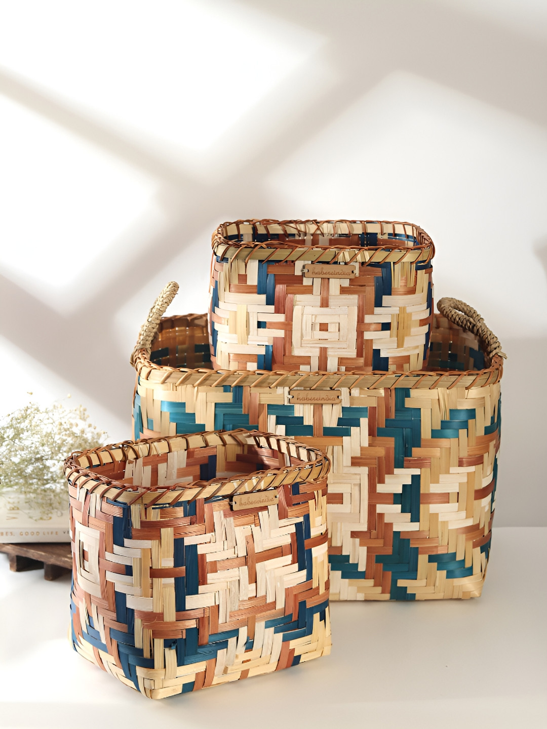 

HABERE INDIA Bohemian Brown & Blue 3Pcs Printed Regular Tote Basket Organisers