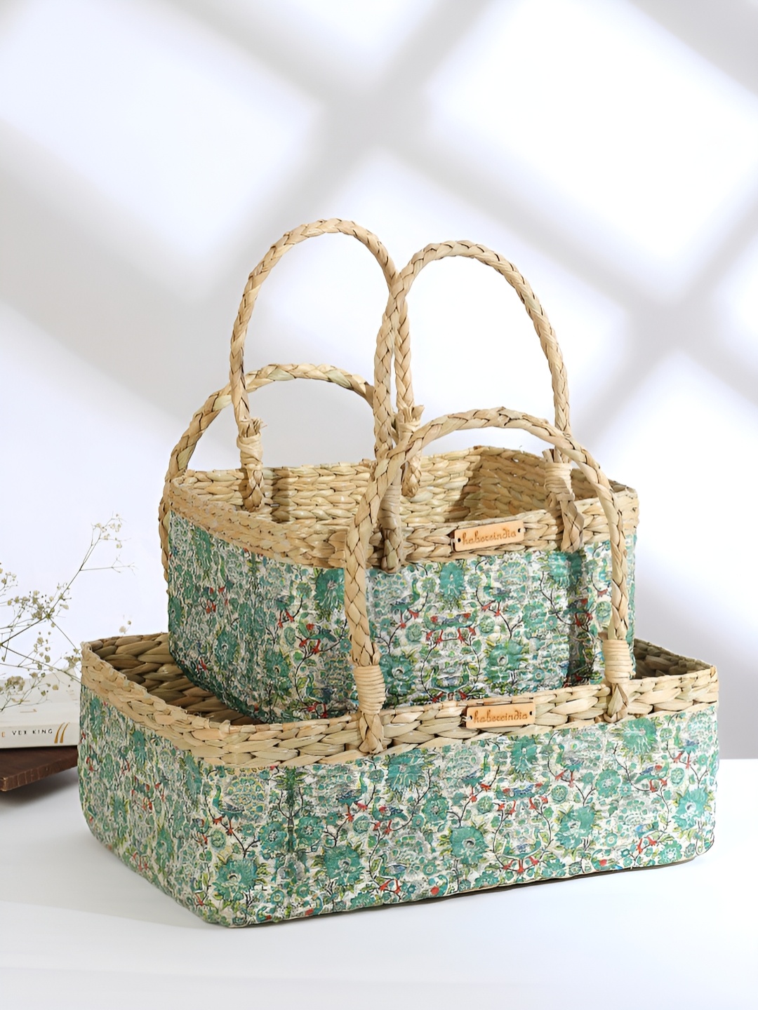 

HABERE INDIA Bohemian Green & Beige 2Pcs Printed Regular Seagrass Fruits Organisers