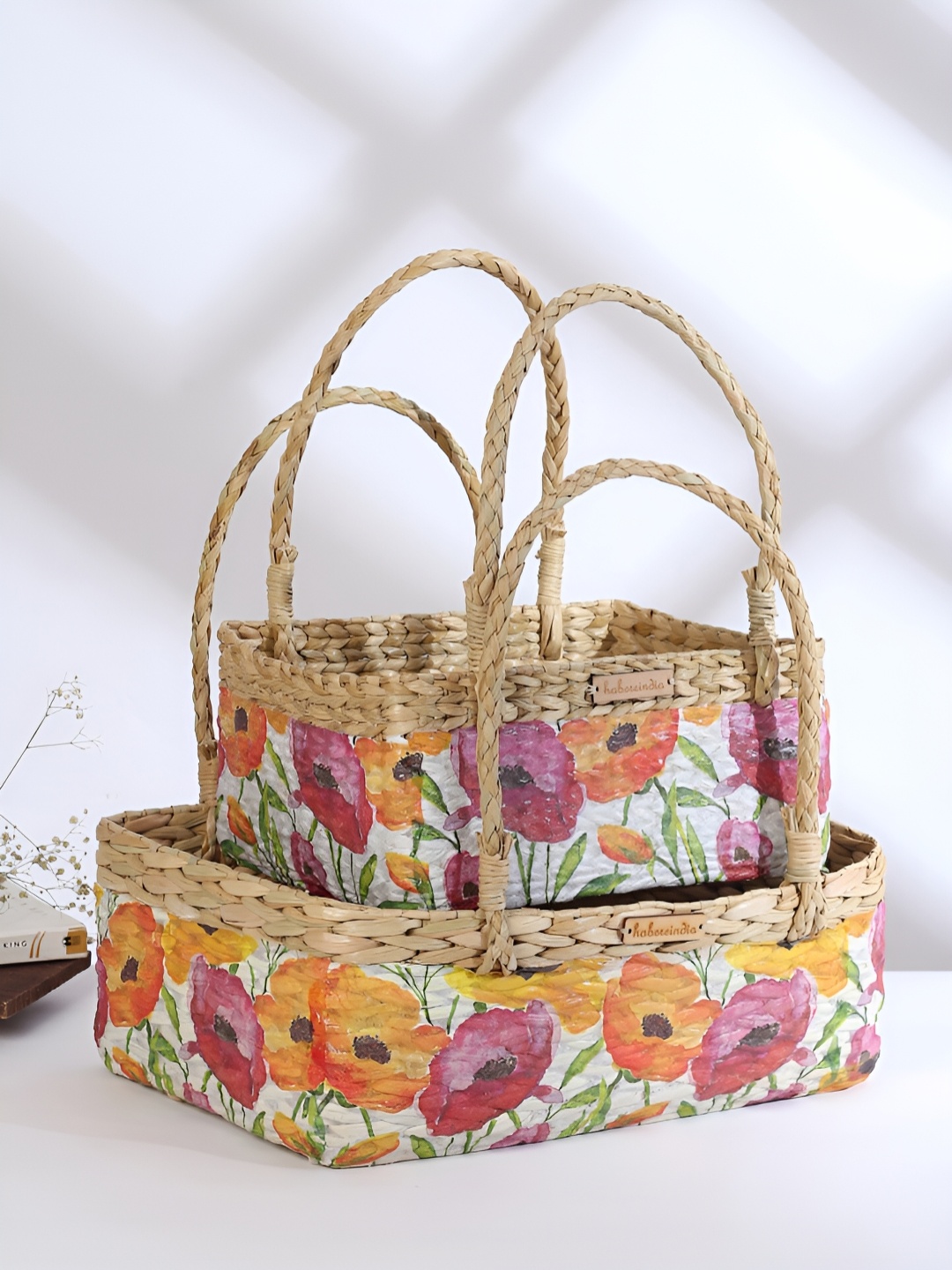 

HABERE INDIA Bohemian White 2 Pieces Bamboo Multi-Utility Seagrass Fruits Organiser