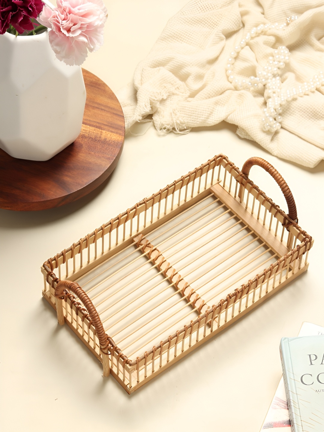 

HABERE INDIA Beige Bohemian Bamboo Multi-Utility Rectangular Organiser Tray
