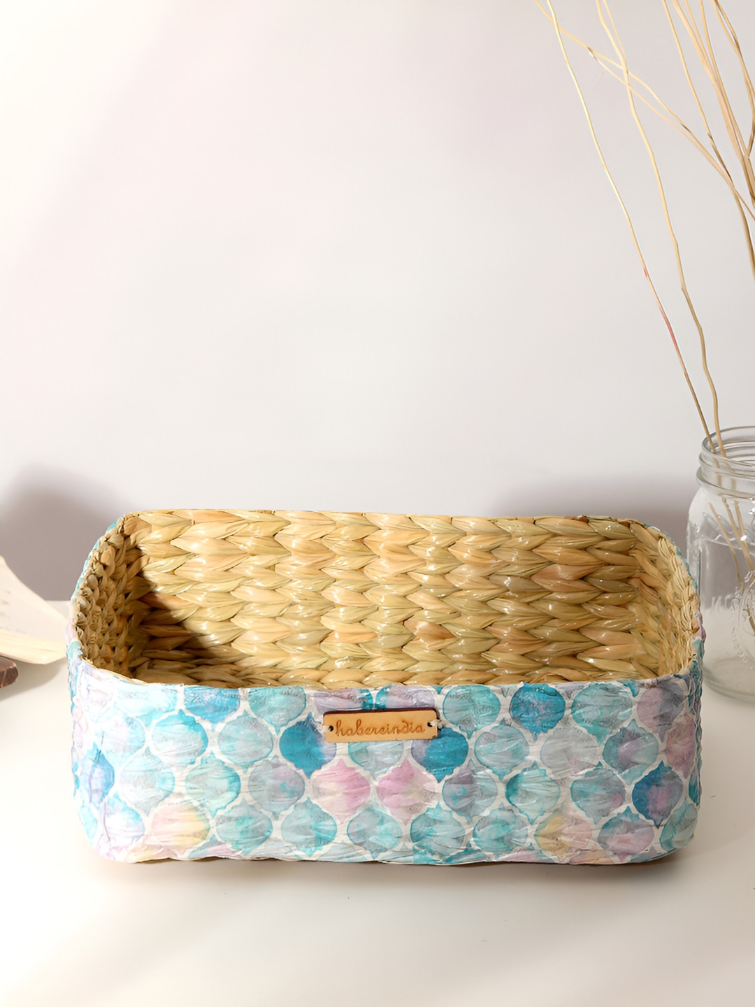 

HABERE INDIA Bohemian Blue & White Printed Regular Tote Basket Organiser