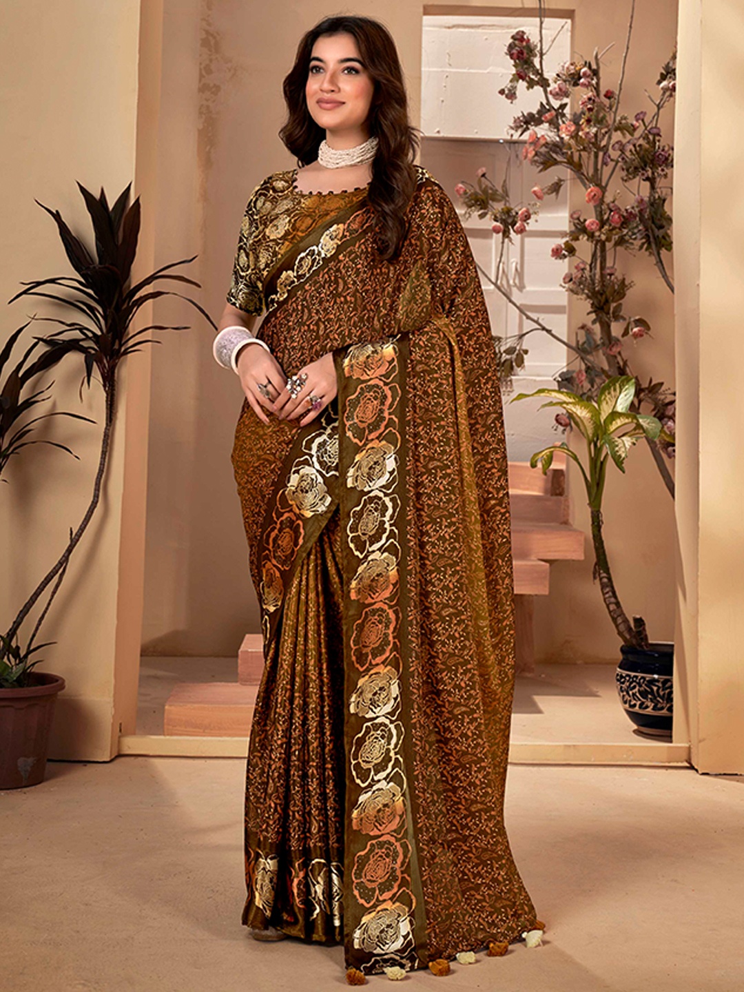 

Mitera Floral Printed Embellished Saree, Mustard