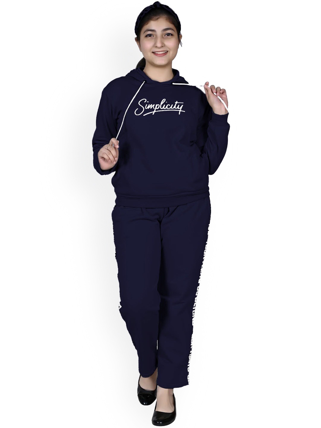 

FELLAMO Girls Typography Printed Hooded Slim-Fit Tracksuit, Navy blue