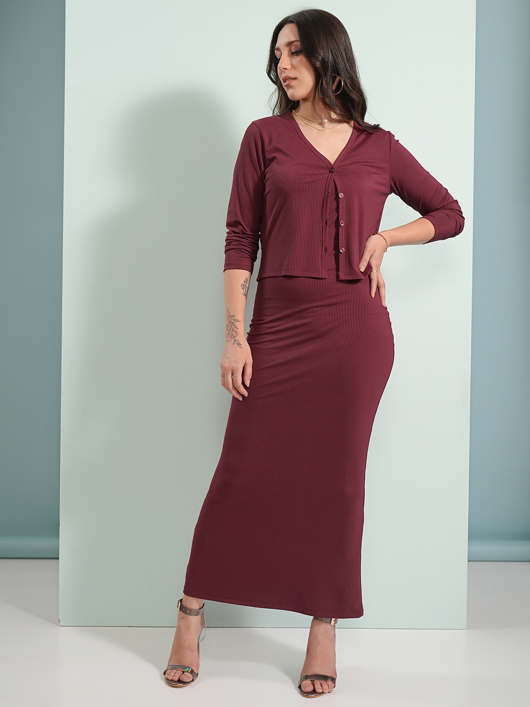 

Tokyo Talkies Burgundy Ribbed Slip Maxi Dress & Cardigan