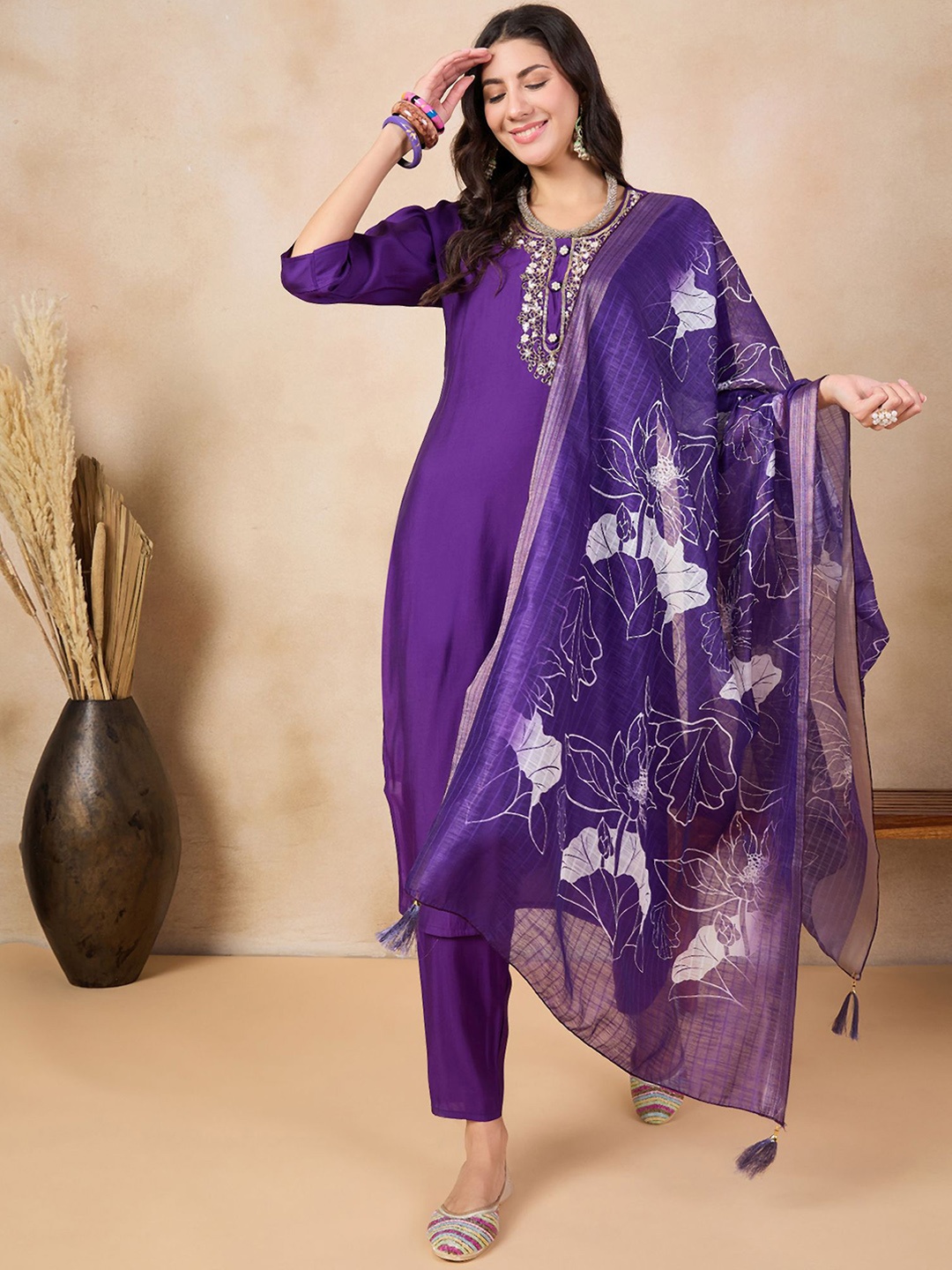 

Anouk Purple Floral Yoke Design Chanderi Silk Straight Kurta & Trouser With Dupatta