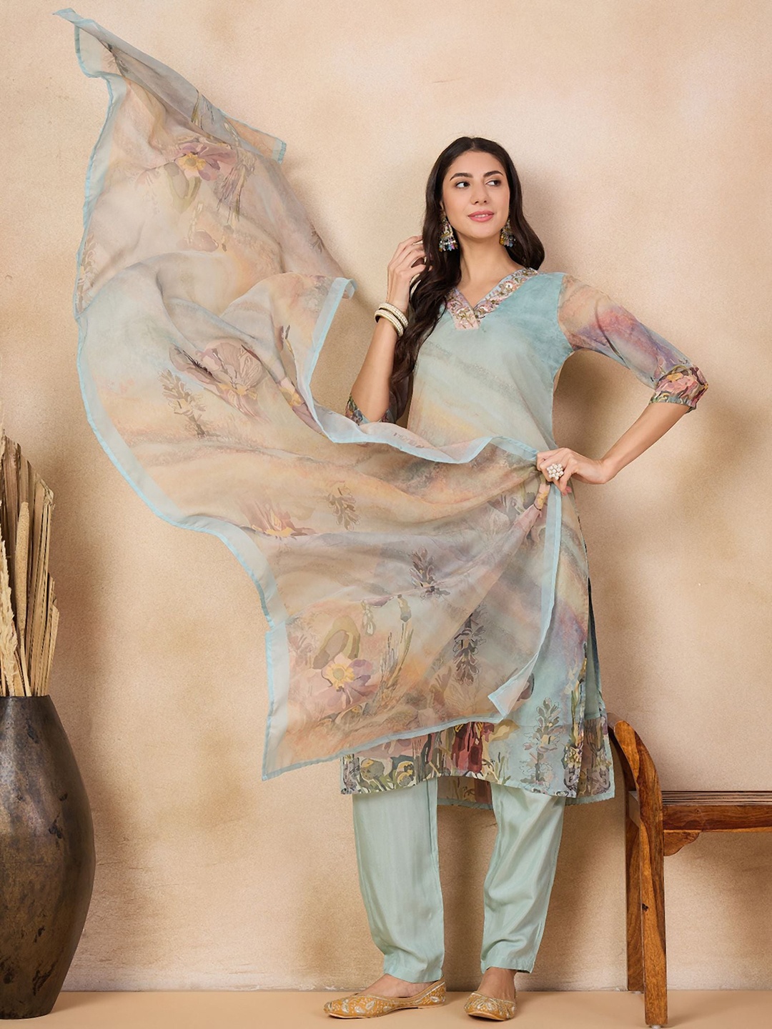 

Anouk Blue Abstract Printed Thread Work Chanderi Silk Kurta with Trousers & Dupatta