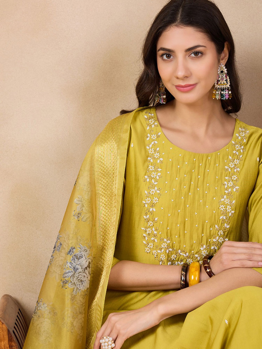 

Anouk Yellow Floral Yoke Design Thread Work Chanderi Silk Kurta With Trousers & Dupatta