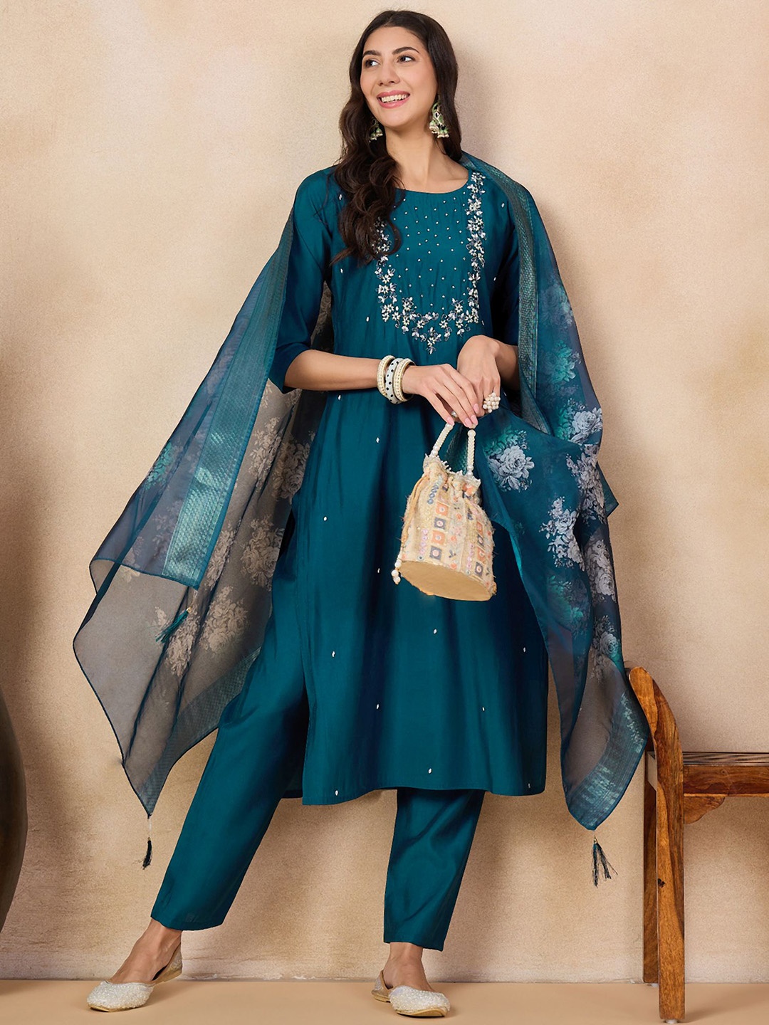 

Anouk Blue Floral Yoke Design Thread Work Chanderi Silk Kurta With Trousers & Dupatta