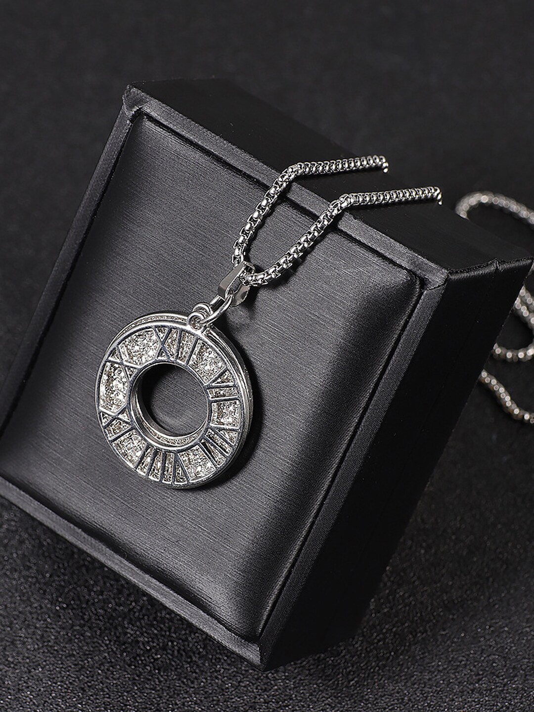 

Krelin Men Silver-Plated Rhinestone-Studded Double Loop Circle Pendant With Chain