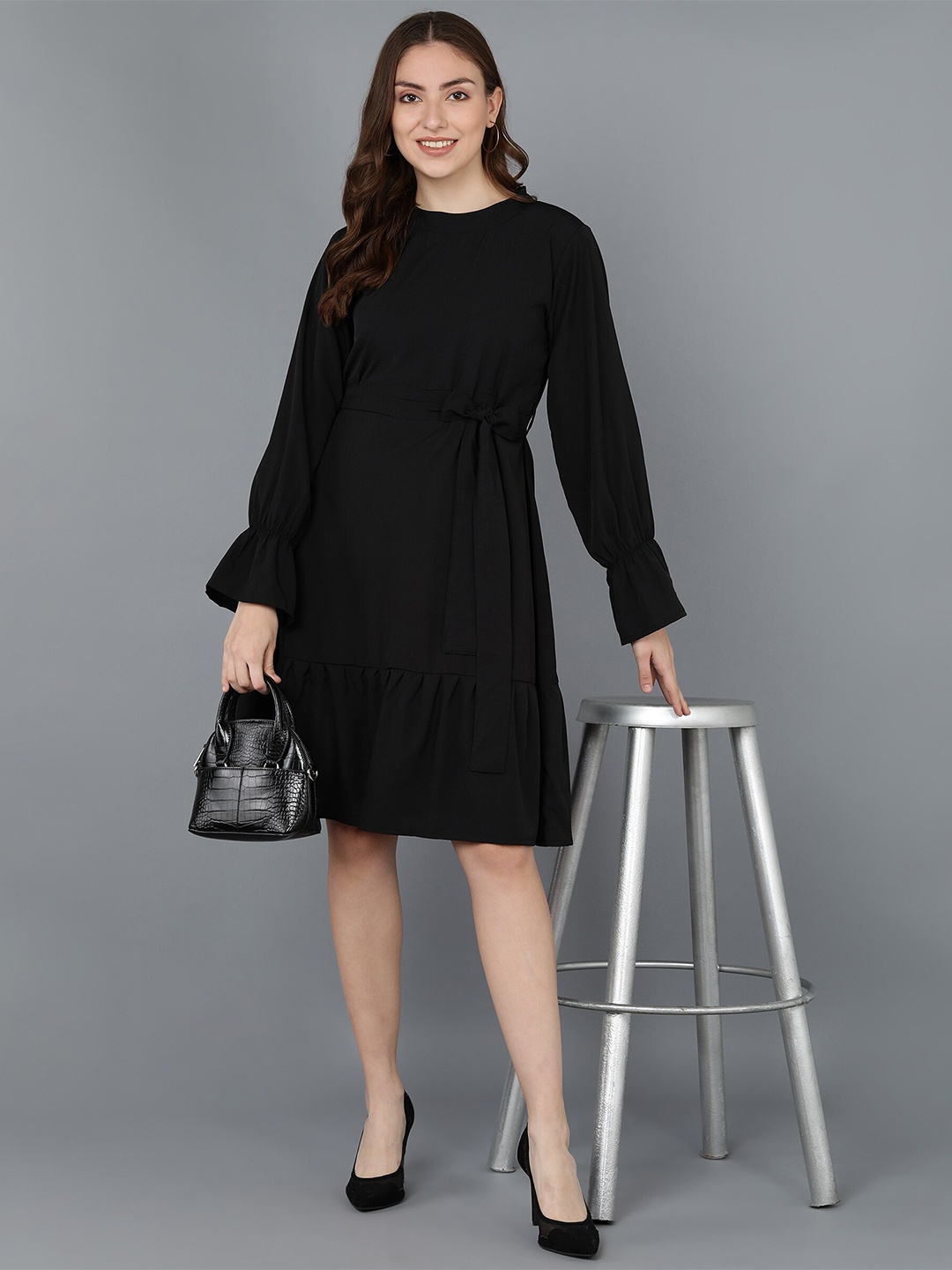 

Fashfun Puff Sleeve Fit & Flare Dress, Black