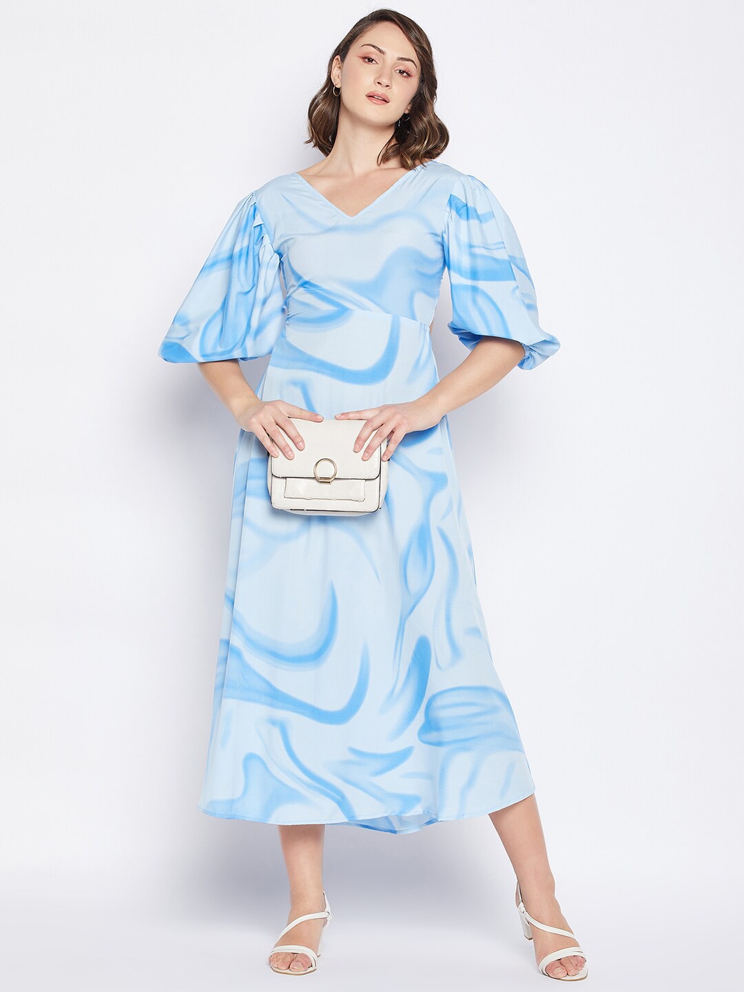 

Fashfun Printed V-Neck Flared Sleeve Crepe A-Line Midi Dress, Blue