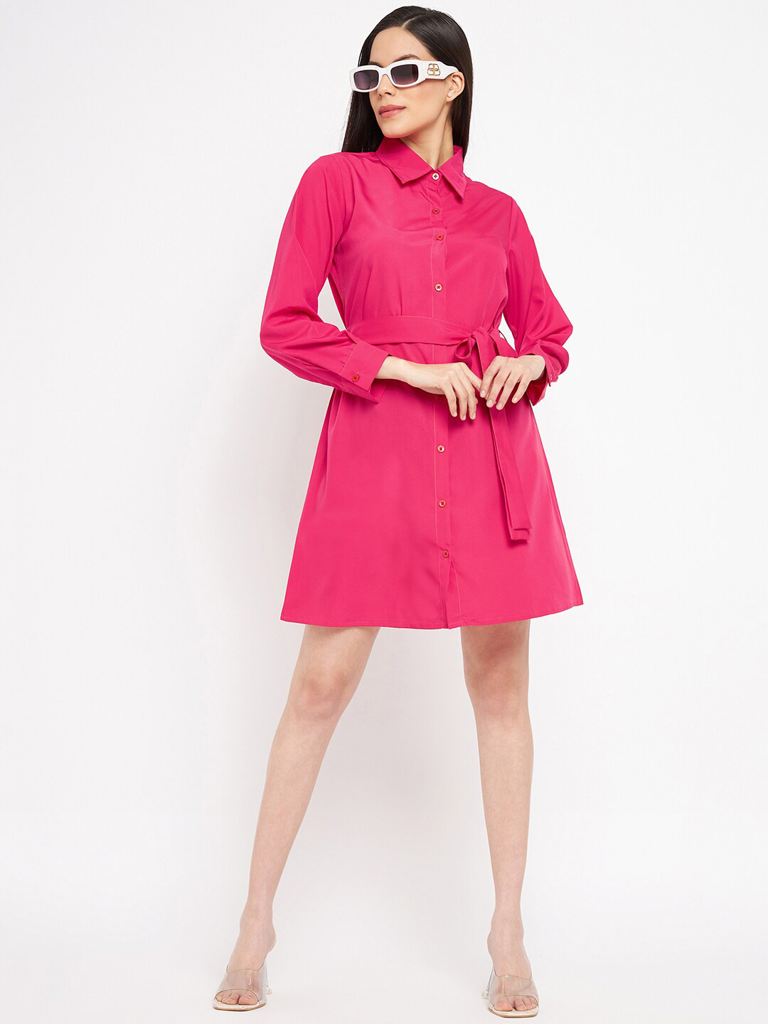 

Fashfun Cuffed Sleeves Shirt Dress, Pink