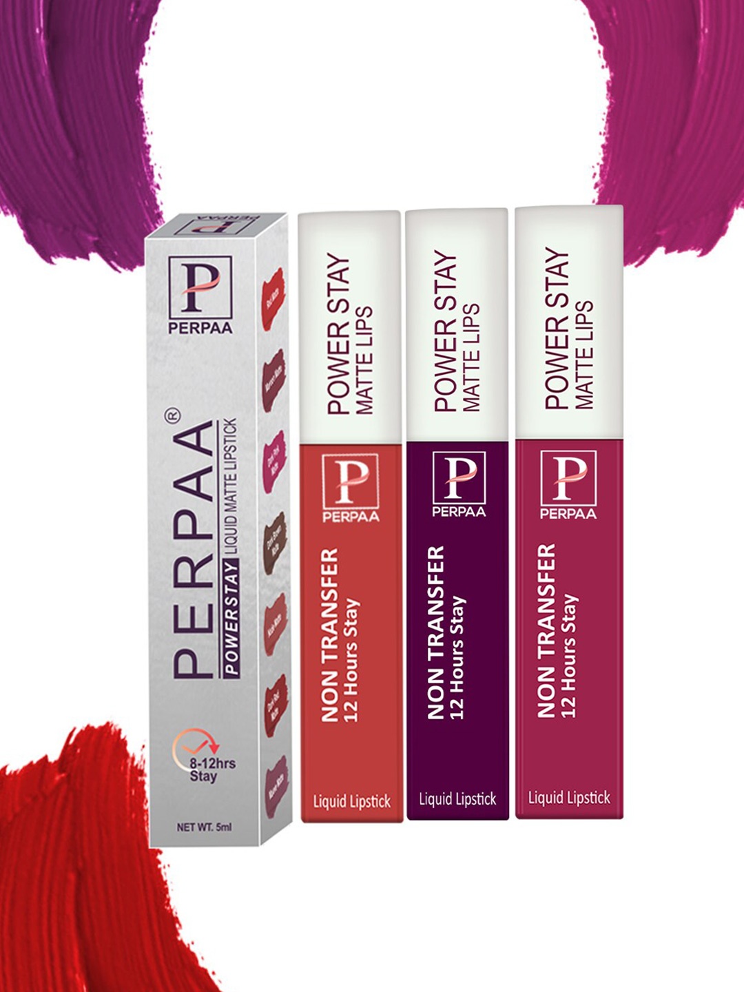 

PERPAA Set Of 3 Power Stay Long Lasting Liquid Matte Lipstick-5ml Each-01-03-10, Purple