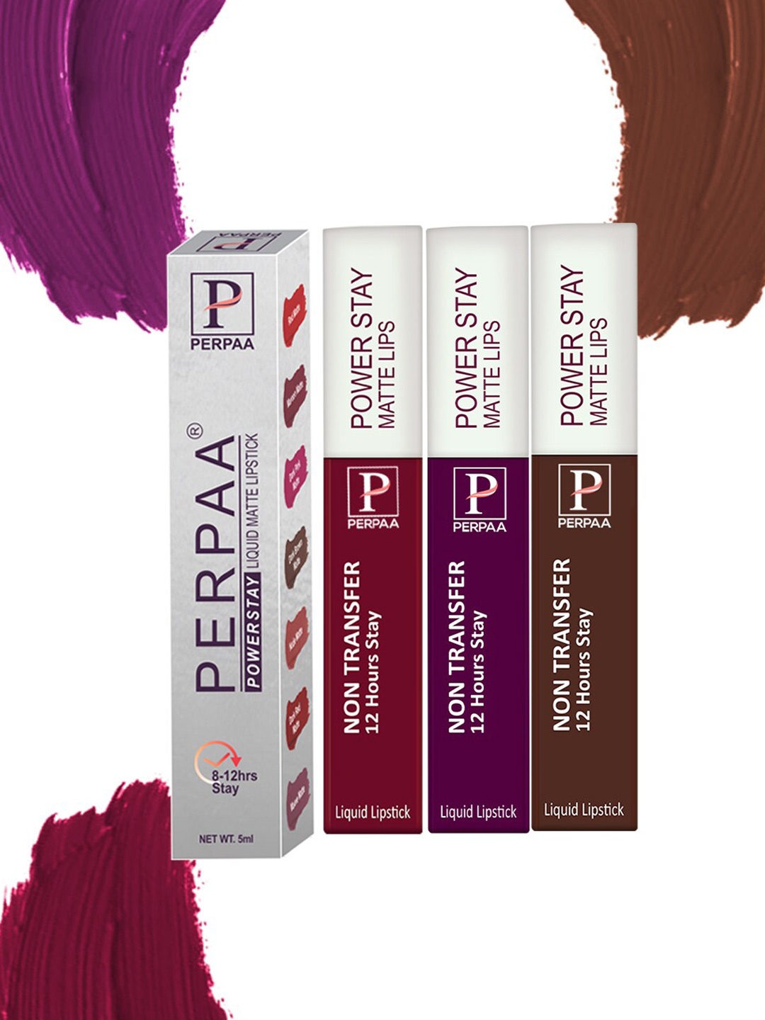 

PERPAA Set Of 3 Power Stay Long Lasting Liquid Matte Lipstick-5ml Each-03-9-16, Purple