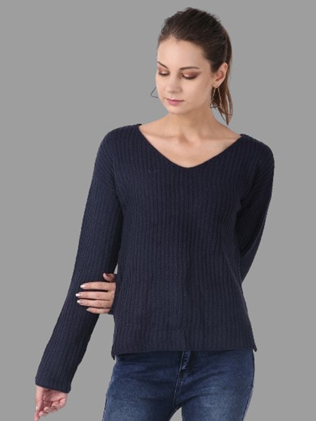 

NoBarr Ribbed V-Neck Acrylic Pullover, Blue