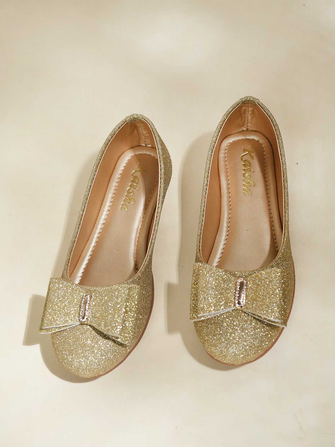 

Style Shoes Girls Textured Ballerinas with Bows, Gold