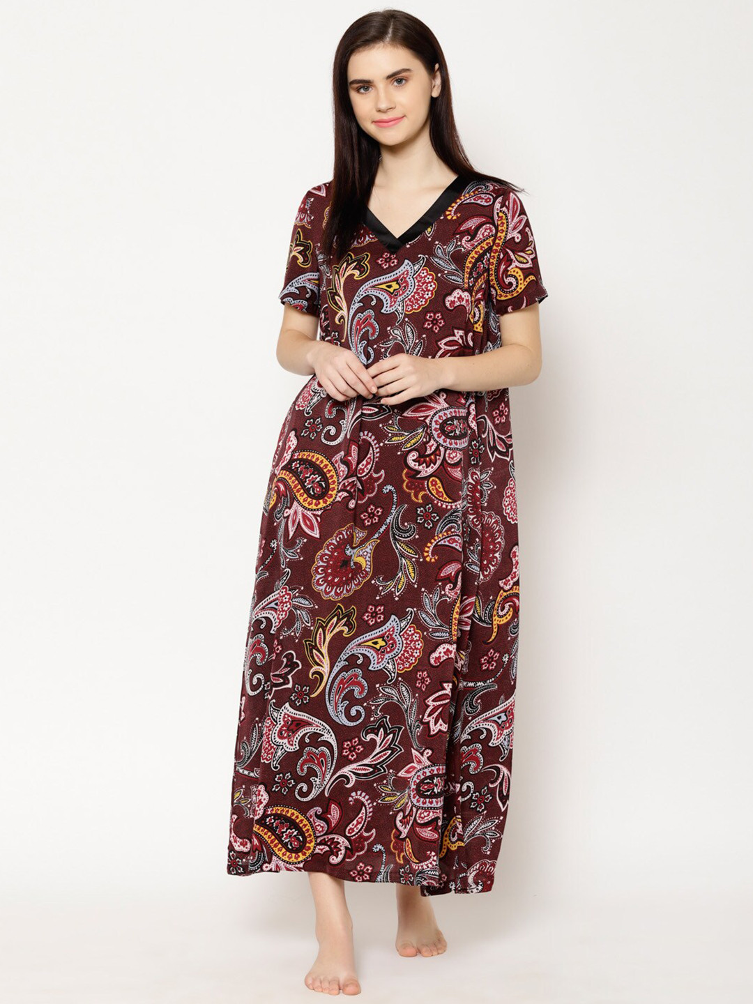 

HOUSE OF KKARMA Ethnic Motifs Printed V-Neck Nightdress, Multi