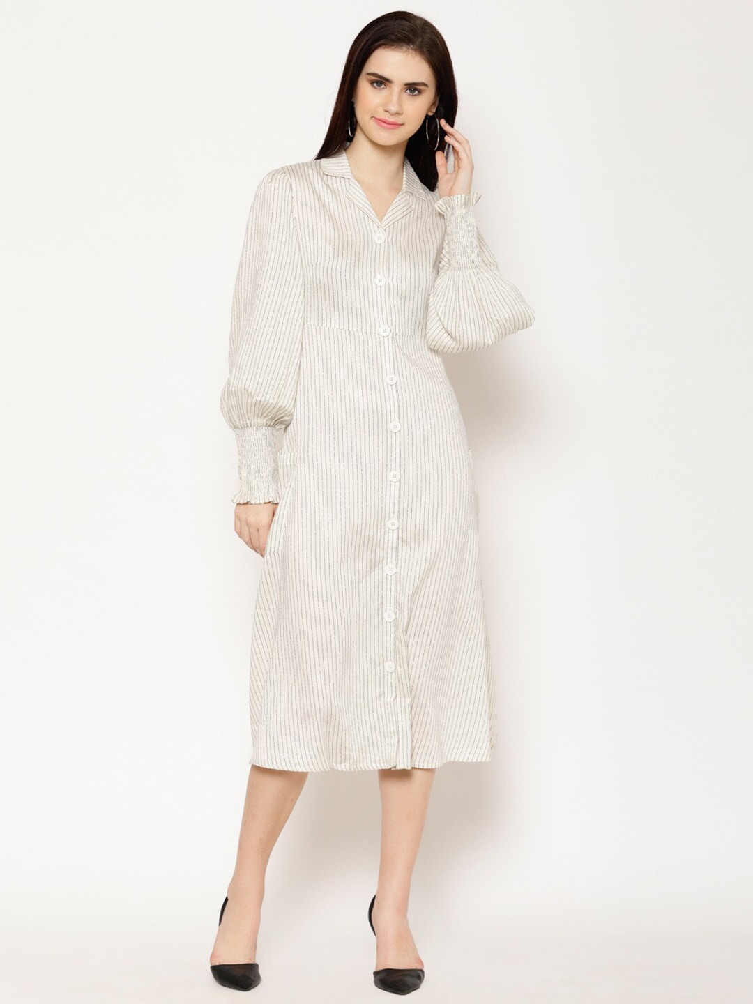 

HOUSE OF KKARMA Striped Cuban Collar Shirt Midi Dress, Off white