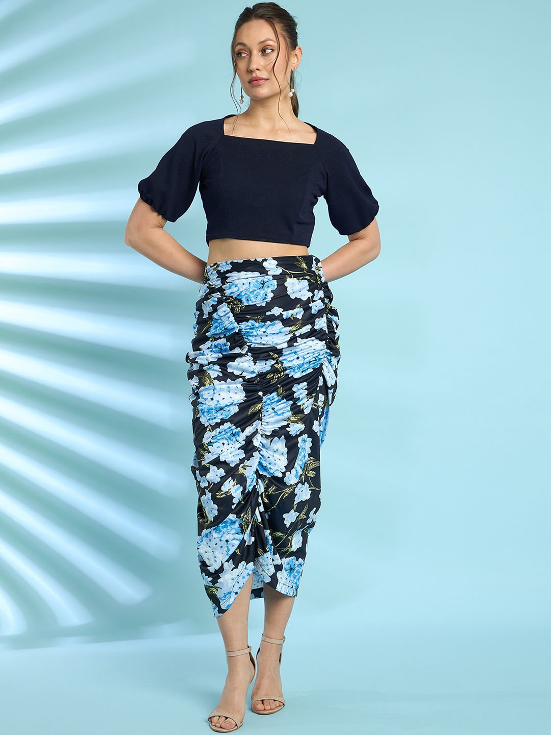 

Antheaa Printed Draped Skirt & Top Co-Ords, Blue
