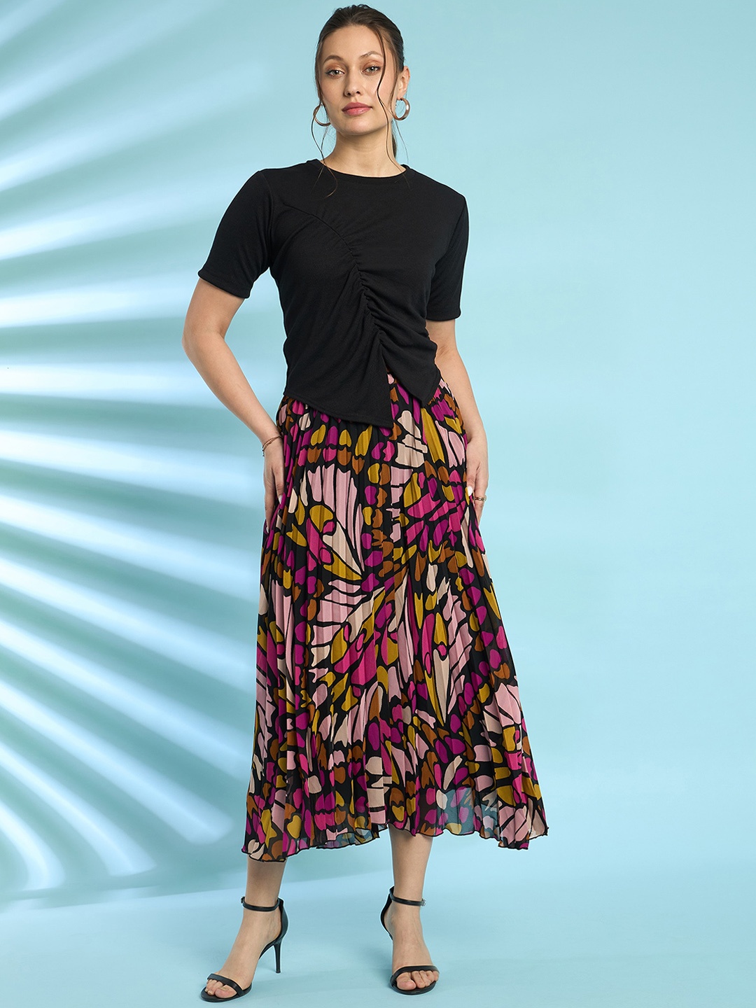 

Antheaa Printed Skirt With Ribbed Top Co-Ords, Black