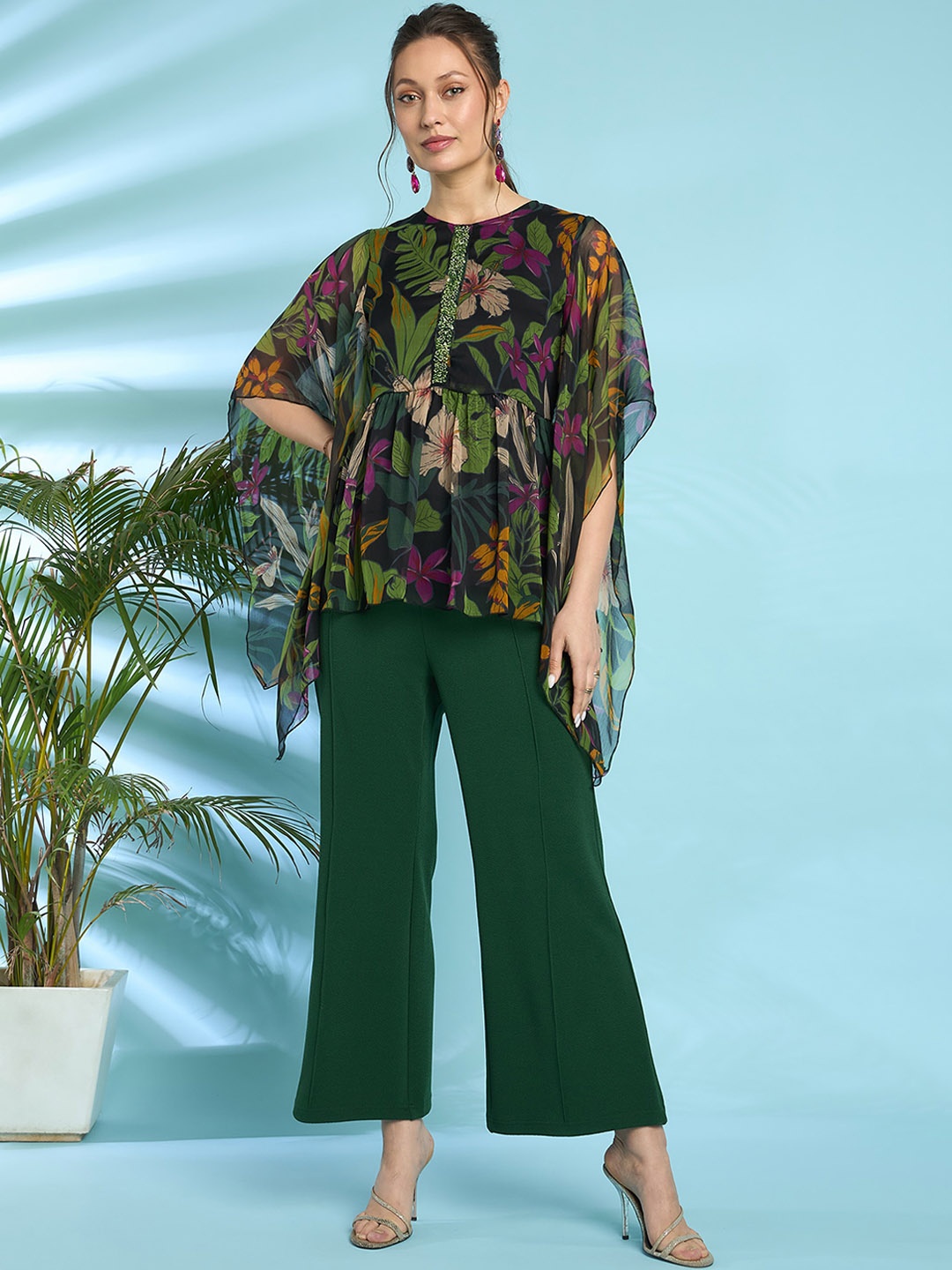 

Antheaa Embellished Printed Top And Trouser Co-Ords, Green