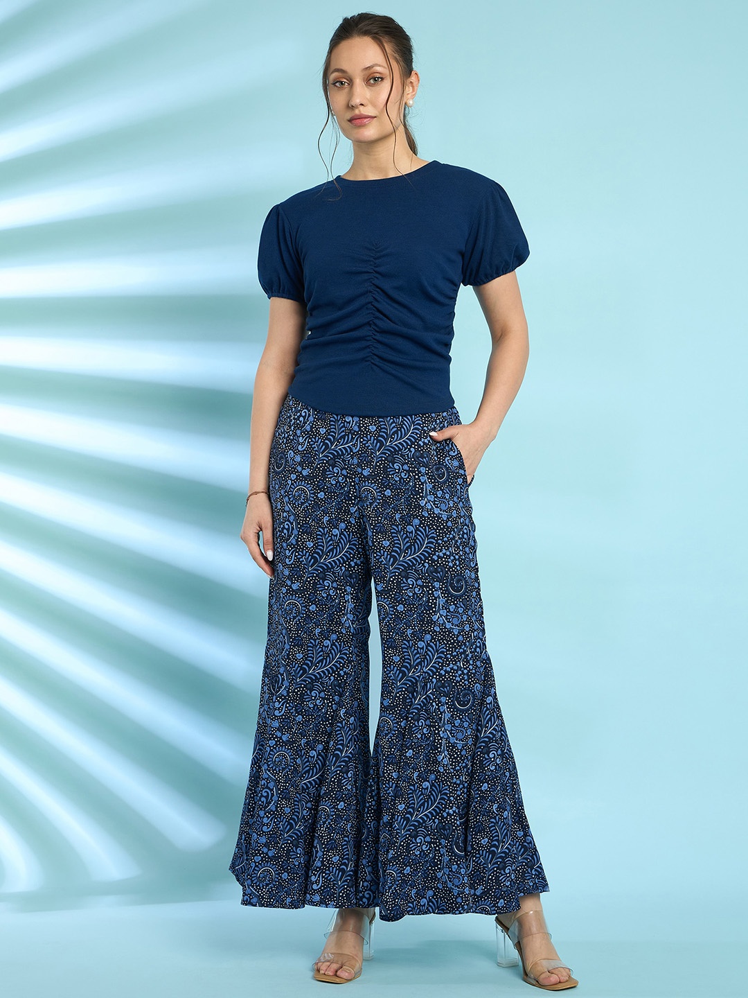 

Antheaa Printed Trousers With Ribbed Top Co-Ords, Navy blue
