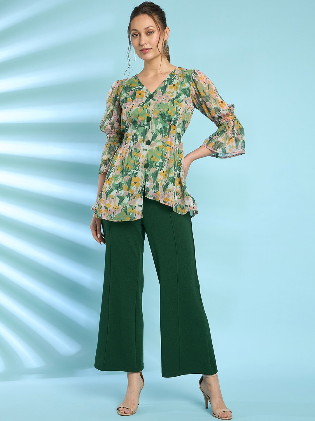 

Antheaa Green Floral Printed V-Neck Top With Trouser