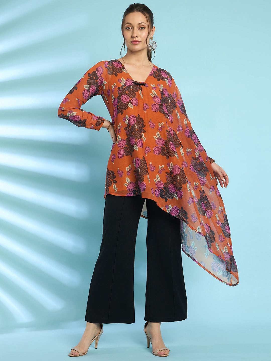 

Antheaa Embellished Floral Printed Asymmetrical Top With Trouser Co-Ords, Rust