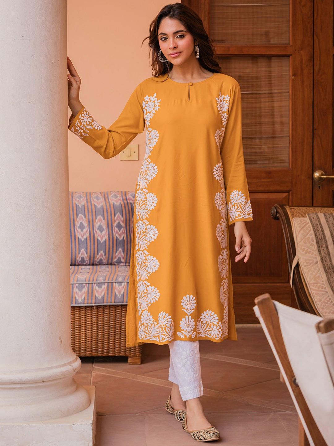 

HOUSE OF KARI Ethnic Motifs Embroidered Keyhole Neck Handloom Kurta, Mustard