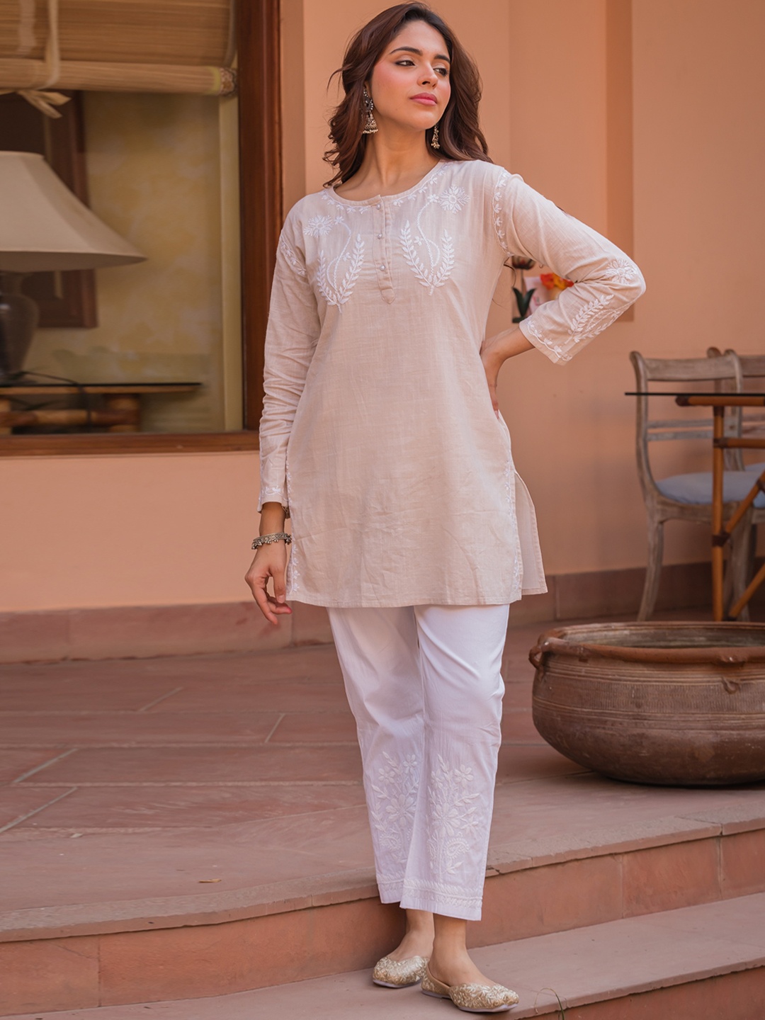 

HOUSE OF KARI Cotton Round Neck Long Sleeves Thread Work A-Line Kurti, Beige