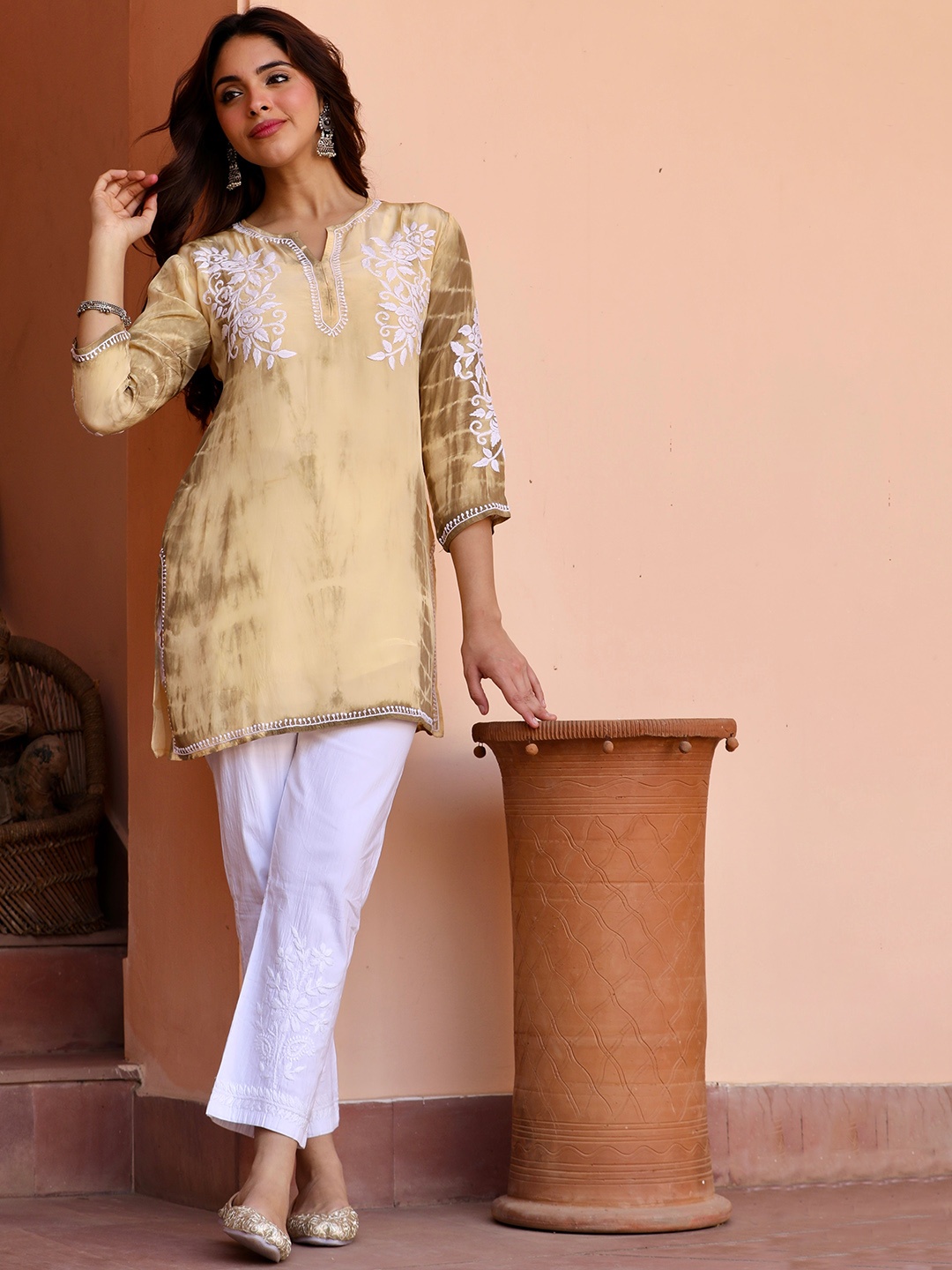 

HOUSE OF KARI Floral Yoke Design Mirror Work Notched Neck A-Line Kurti, Beige