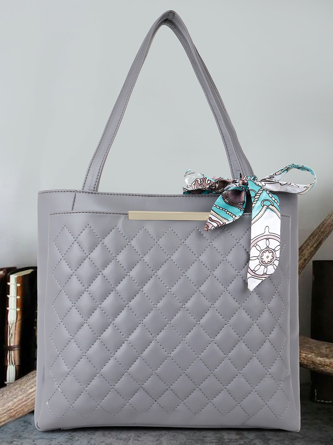 

OsaiZ Textured Shopper Handheld Bag With Scarf, Grey
