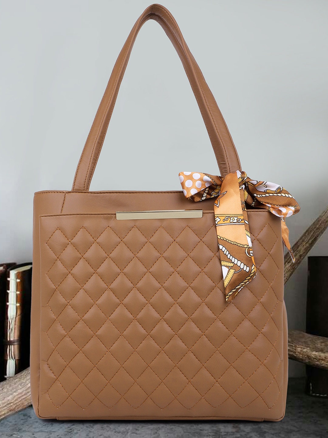 

OsaiZ Textured Shopper Handheld Bag With Scarf, Tan