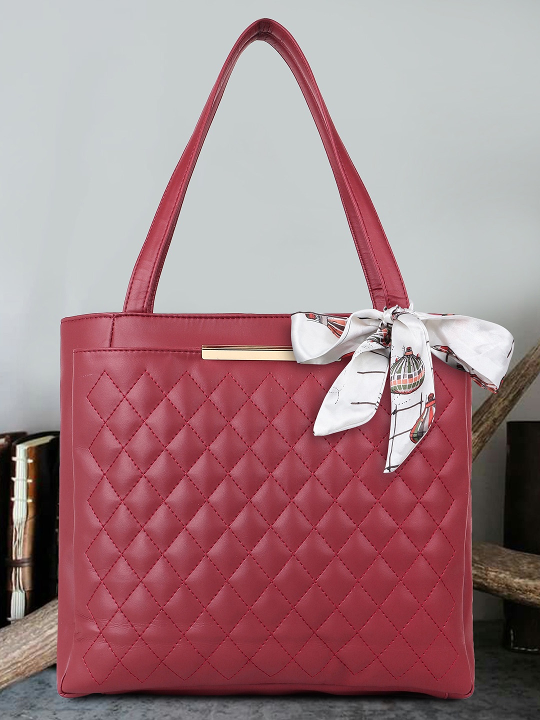 

OsaiZ Textured Shopper Handheld Bag With Scarf, Red