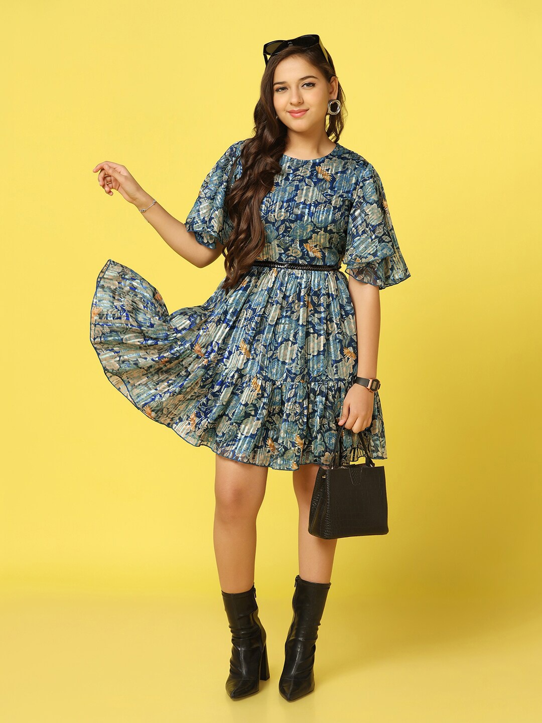 

BAESD Floral Print Flared Sleeve Georgette Fit & Flare Dress, Blue