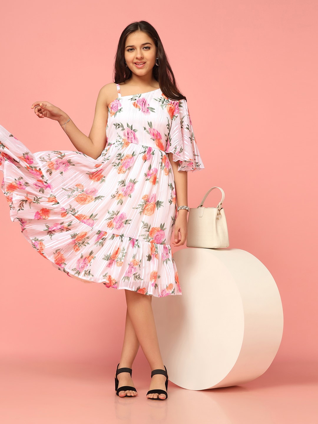 

BAESD One Shoulder Floral Print Flared Sleeve Georgette Fit & Flare Dress, White