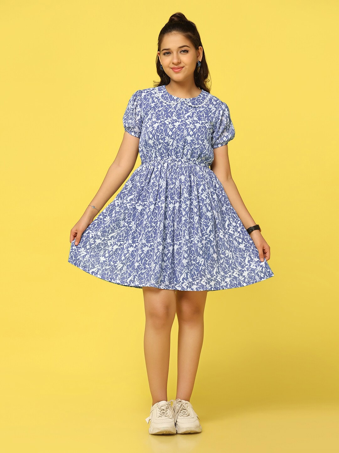 

BAESD Peter Pan Collar Puff Sleeves Floral Print Chiffon Fit & Flare Dress, Blue