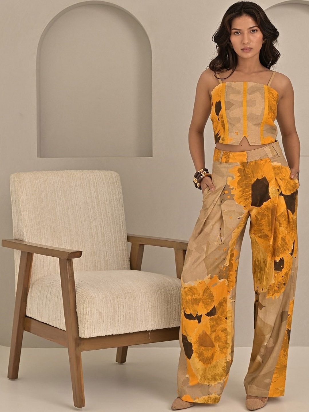 

MISSY Women Floral Printed Relaxed Straight Leg Flared High-Rise Trousers, Yellow