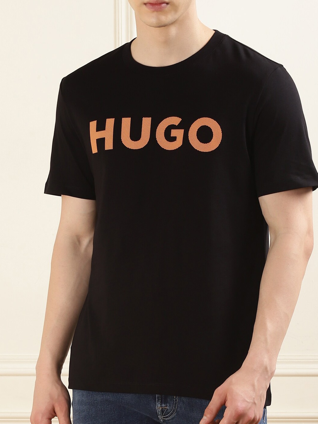 

HUGO Typography Printed Round Neck Cotton T-shirt, Black