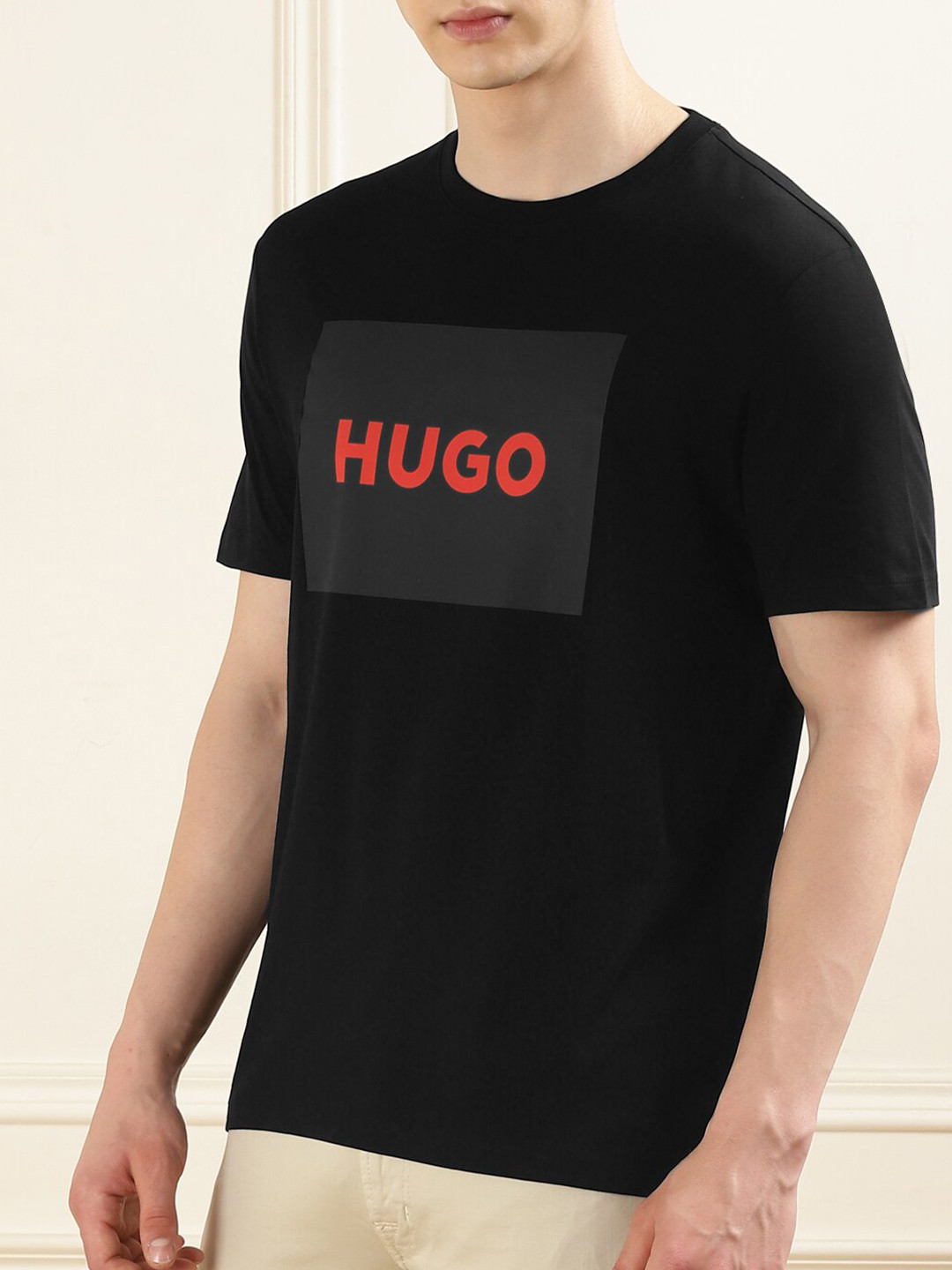 

HUGO Typography Printed Round Neck Cotton T-shirt, Black