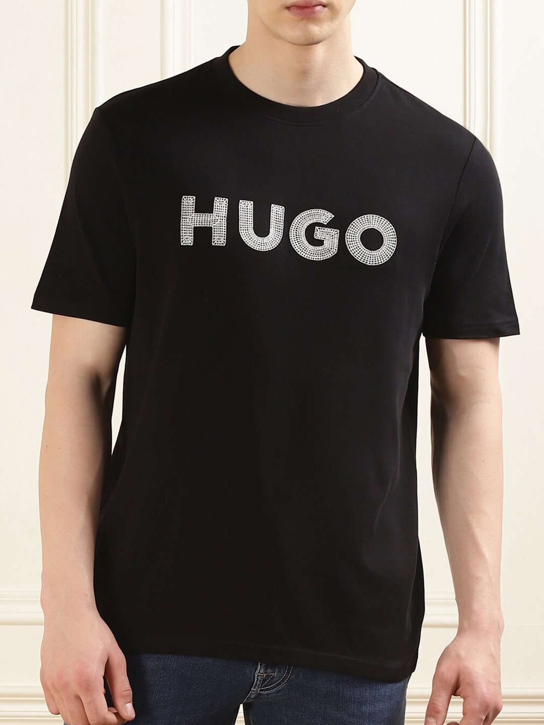 

HUGO Typography Printed Round Neck Cotton T-shirt, Black
