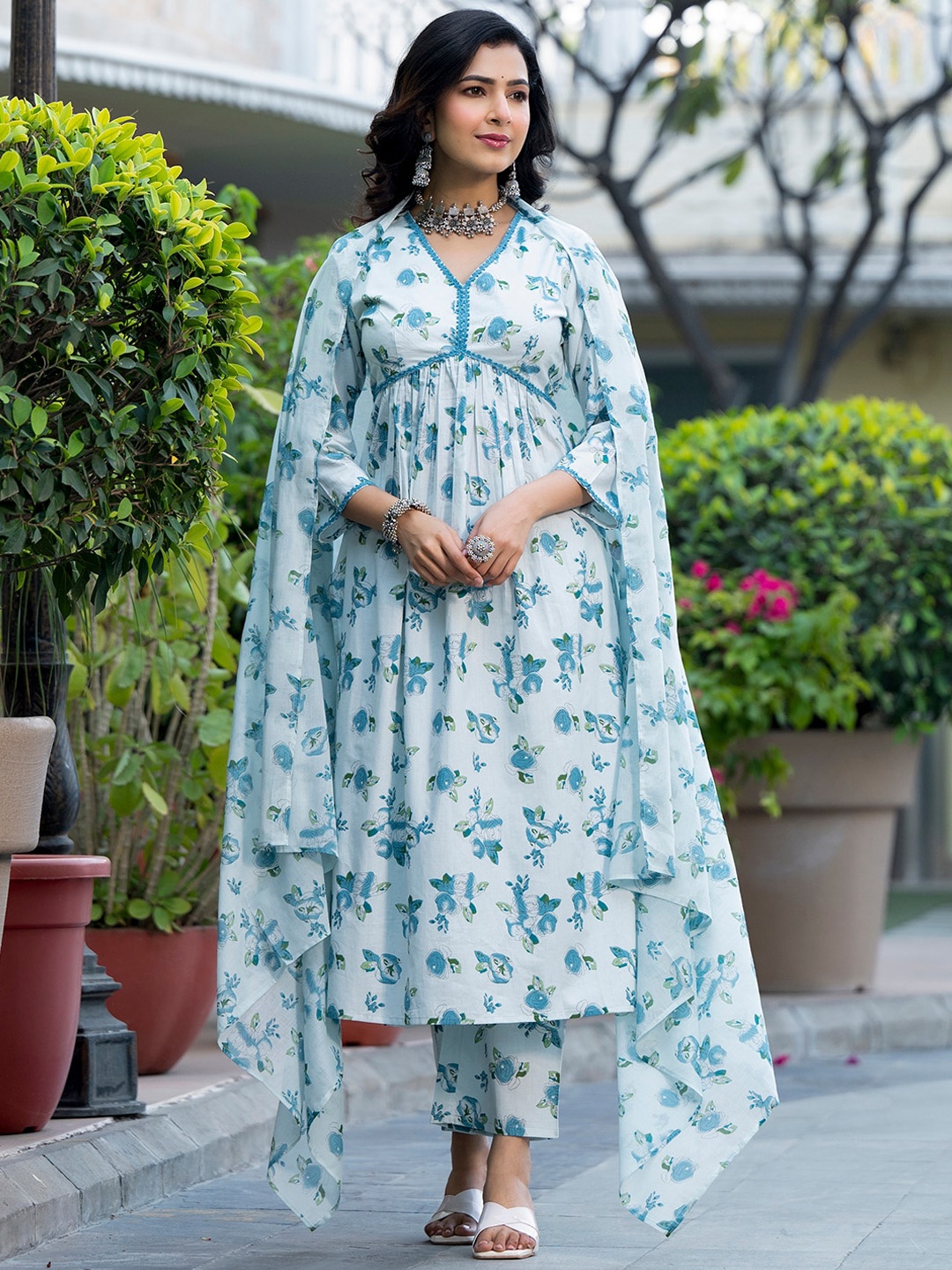 

Vishudh Floral Printed Empire Pure Cotton A-Line Kurta with Trousers & With Dupatta, Blue