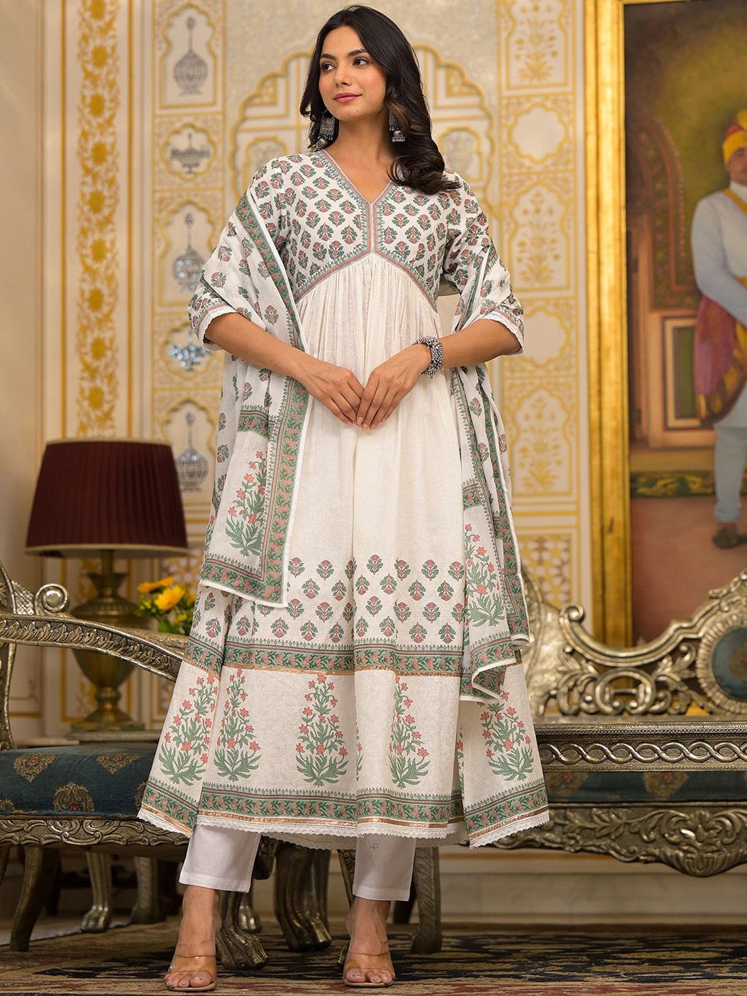 

Vishudh Floral Printed Anarkali Pure Cotton Kurta with Trousers & Dupatta, White