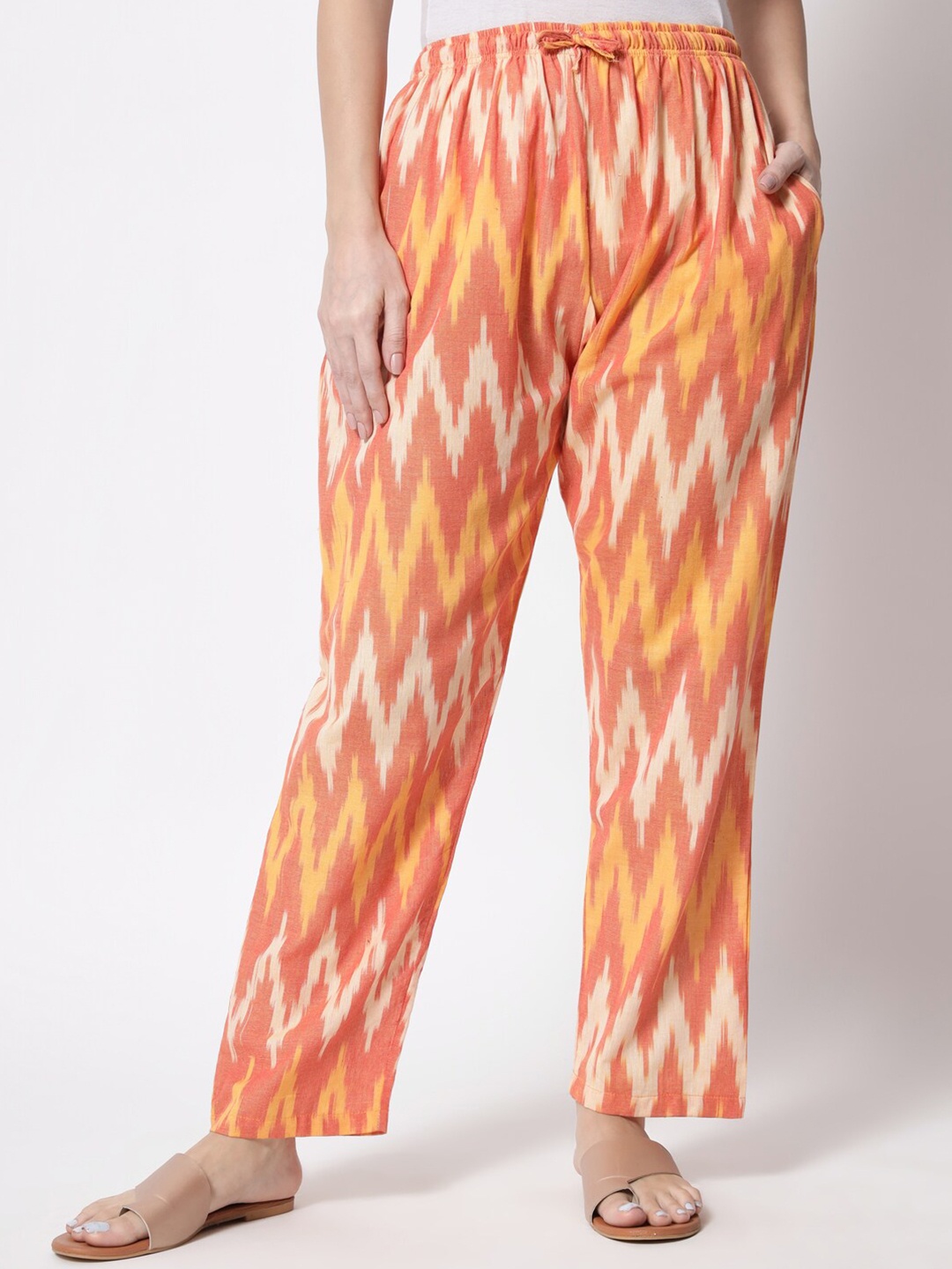 

KALINI Geometric Printed Knitted Pure Cotton Straight Ethnic Palazzo, Orange